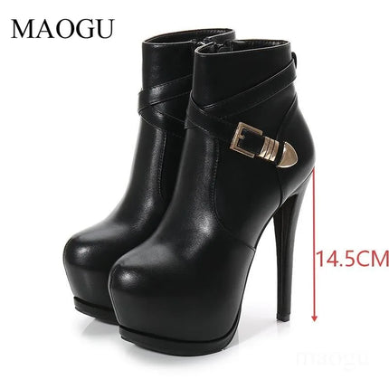 Women's Black Stiletto Ankle Boots Round Toe Buckle Strap High Heel Platform Boots Side Zipper Female Short Botas Botte Femme