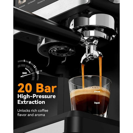 20Bar Compact Espresso Coffee Maker with Grinder and Milk Frother for Home Cappuccino Latte Americano and Iced Cold Brew
