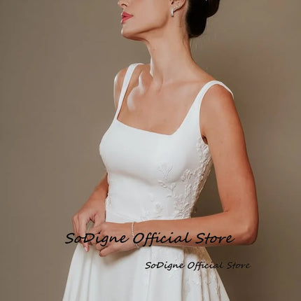 SoDigne A-line Appliques Simple Wedding Dresses Square Collar Sleeveless Satin Bridal Dress Women Long Wedding Gown Customized