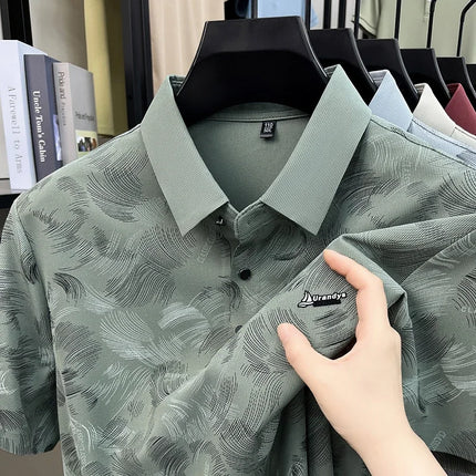 Slim Fit Feather Pattern Polo For Men Embroidered Logo Short Travel Family Gathering And Casual Dating Garment