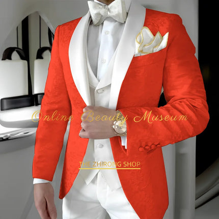 Classy Men's White Jacquard Suit 3pcs Jacket Vest Pants Set Shawl Lapel Elegant Attire for Wedding Cocktail Business Ball Party