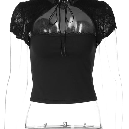Dulzura Women'S Sexy Hollow Out Lace Lace-Up Slim Fit T-Shirt Fashion Casual Y2K Top Party Vacation Street Style Summer Clothes