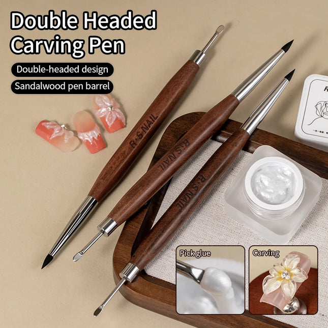 RSNAIL 1/2PCS Pincel de uñas de doble cabeza de madera Pluma de silicona para tallado Suministros de uñas Pluma de pintura de flores para herramientas de arte de uñas