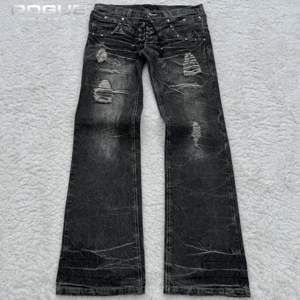 Summer Streetwear Embroidered Flare Jeans Men Y2K Retro Gothic Punk Casual Harajuku Distressed Vintage Black Denim Pants Unisex