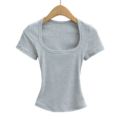 Square Collar High Stretch Summer Crop Tops Women Short Sleeve Tops Sexy Pullover Bottoming Blouses Slim T-shirt