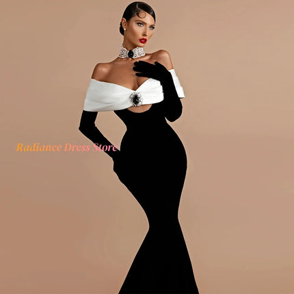 Contrast Color Crystal Mermaid Evening Dress Off The Shoulder Prom Dresses Customized Luxury Court Train Celebrity Gowns
