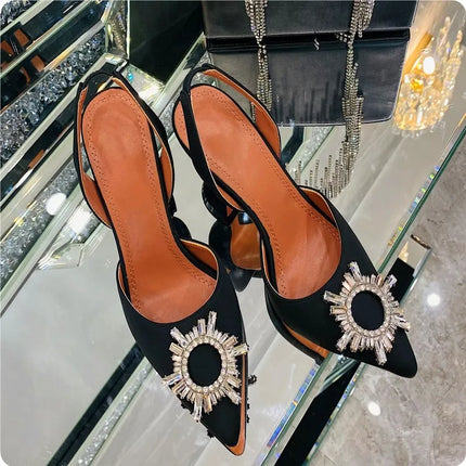 2025 European and American Women's New High Heel Sandals Sunflower Water Diamond Buckle High Heels Pointed Heel Satin Shoes