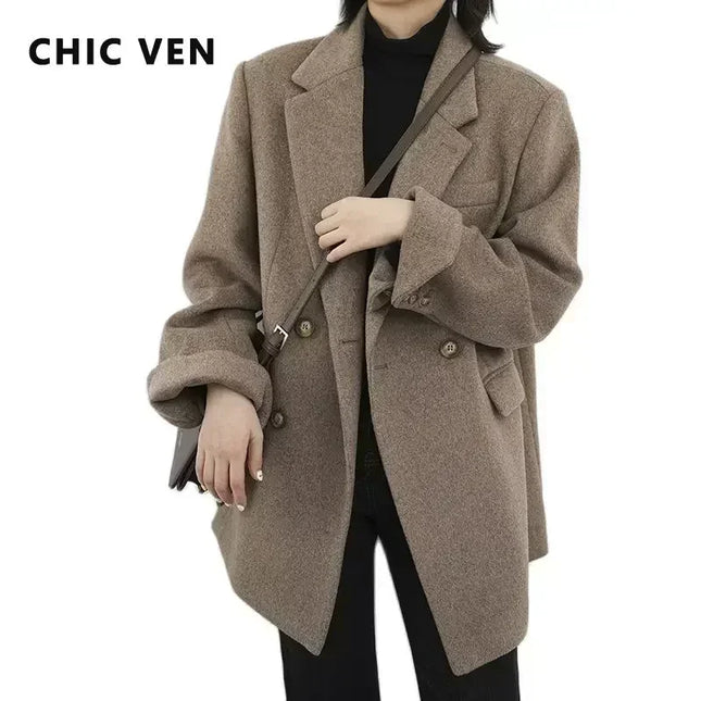 CHIC VEN Women Wool Blend Coat Solid Mid Long Woolen Blazer Thick Warm Blouse Women's Overcoat Office - product image 2