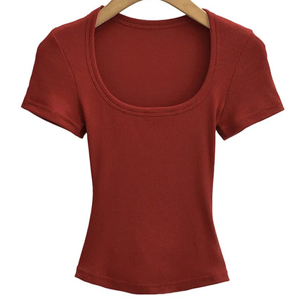 Square Collar High Stretch Summer Crop Tops Women Short Sleeve Tops Sexy Pullover Bottoming Blouses Slim T-shirt