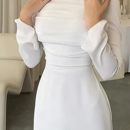 Temperament Women Long Sleeve Party Maxi Dresses Fashion Square Collar Pleated Evening Dress White Slim High Waist Banquet Dress