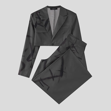 INCERUN Men Sets Printing Lapel Long Sleeve Crop Blazer & Pants Two Pieces Sets Streetwear Loose Fashion Men Casual Suits S-5XL