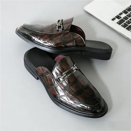Summer Fashion New Men's Brown Half Slippers Metal Button Patent Leather Shoes Male Casual Mules Moccasins Breathable Loafers