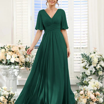 A Line Chiffon Bridesmaid Dresses Short Sleeve V Neck Slit Pleat Elegant Wedding Party Formal Prom Evening Zipper Back