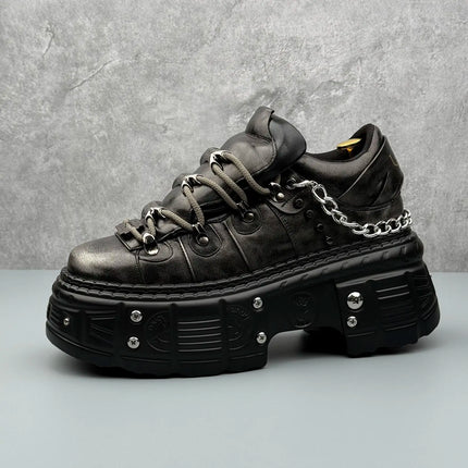 8cm High Leather Casual Shoes for Men Punk Metal Rivet Thick-Soled Mans Shoes Fashion Retro Heightening Leather Shoes Zapatillas