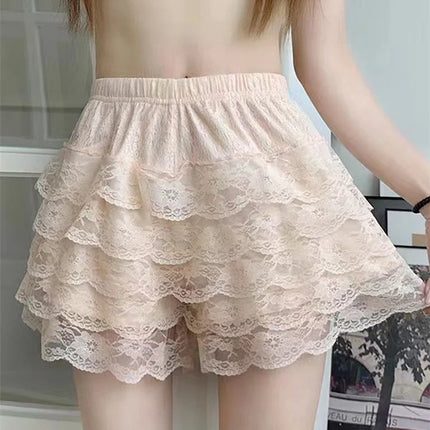 Women’s Layered Ruffle Shorts Casual Elastic Waist Solid Color Lace Bloomers Kawaii Lolita Short Pants