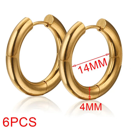 6pcs Stainless Steel 4mm Thick Earrings Gold Plated Large Round Korean Ear Rings Hoop Earring for Women Female Jewelry Luxury