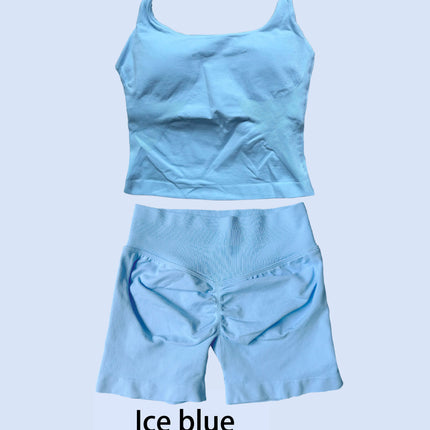 DFLOGO Women 2Pcs Yoga Set Halter U Neck Crop Tank High Waist Tummy Control Biker Shorts Seamless Gym Workout Sport Tracksuit