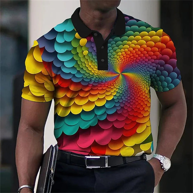 3D Printed Optical Illusion Polo Shirt Men Rainbow Stripes Graphic Short Sleeves Summer T Shirts Top Casual Breathable Lapel Tee