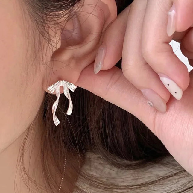 PANJBJ 925 Sterling Silver Bow Knot Earring for Women Texture Tassels Sweet Romantic Korean Jewelry Gift - product image 2