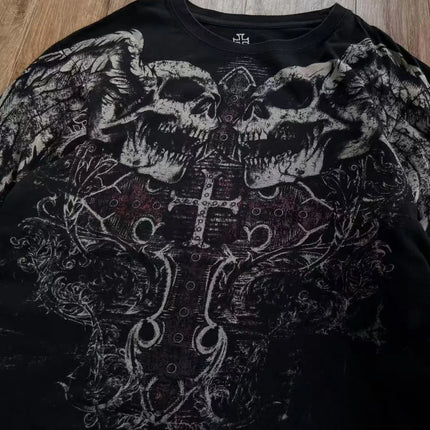Y2K New Vintage Gothic Skull Wing Printed Long Sleeve Street Trend Pure Cotton Top Men Hip Hop Gothic Harajuku Oversize T-shirt