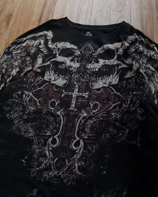 Y2K Nuevo Vintage Gótico Calavera Alas Estampado Manga Larga Tendencia Urbana Algodón Puro Top Hombre Hip Hop Gótico Harajuku Camiseta Oversize