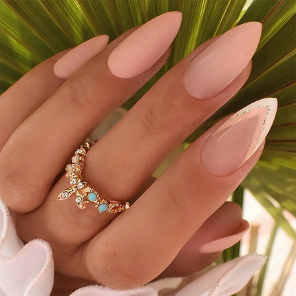 24pcs Almond False Nails Tips Summer Beach Colorful Nails Sets with Pearl Flower Design Press on Nails Art Wearable Fake Nail