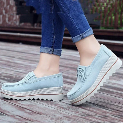 Women Cow Suede Casual Shoe Wedge Platform Height Increasing Single Shoes Tassel Muffin Shake Loafers Mother Walking Shoes 35-42
