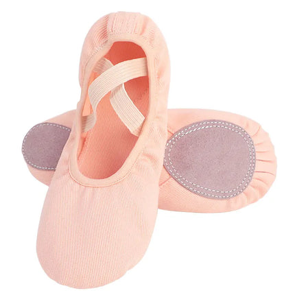 Pink ballet slippers showing crossed elastic straps and a split sole
