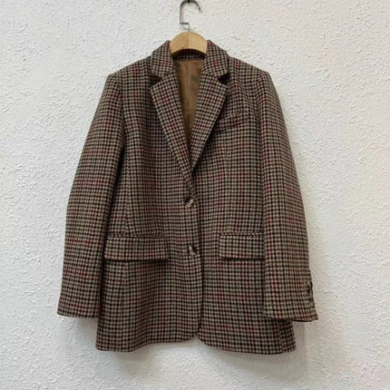 Women's Brown Houndstooth Blazer Retro Oversized Mid-Length Button Down Jacket Streetwear