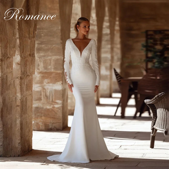 Klassisches Meerjungfrauen-Brautkleid mit langen Ärmeln aus Spitze 2026 V-Ausschnitt offener Rücken Applikationen Knöpfe Brautkleid Vestidos De Novia Maßanfertigung