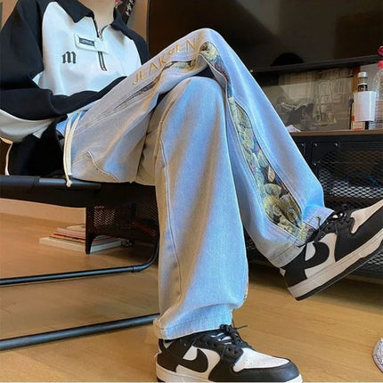 2023 Embroidered Bear Jeans Men's Spring Fall Straight Leg Loose Plus Wide Leg Fashion Brand American High Street Casual Pants