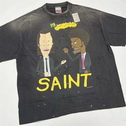 SAINT Mxxxxxx T-Shirts Men Women 1:1 Best Quality Anime Character Print Black Washed Oversized Short Sleeve