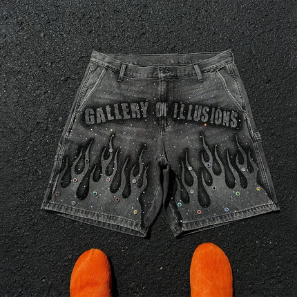 Gothic retro hot diamond denim shorts men's clothing street Harajuku Hiphop High High waiting jeans men's shorts casual pants
