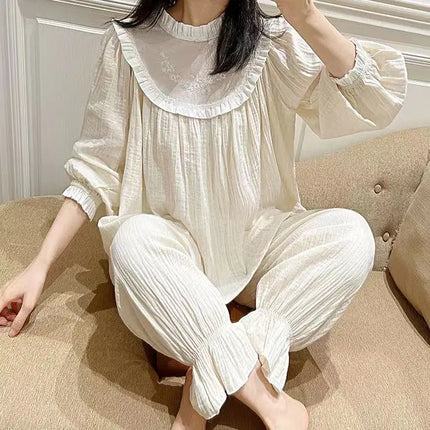Cute Women Princess Ruffle Pajama Sets Tops+Pants.Vintage Lady White Jacquard Cloth Pyjamas Set Victorian Girl's Home Sleepwear
