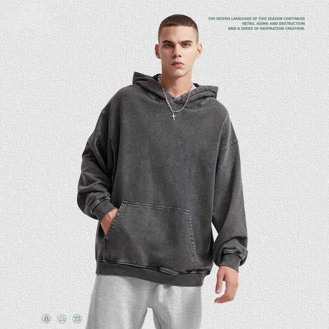 Sudadera con capucha de 420 g/m² para hombre, otoño invierno 2024, ropa urbana, sudaderas de algodón lavado de peso pesado, chándal de marca