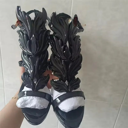 Silver Mirrored Wing Sandals Luxury Women Summer Pumps Leaf Winged Sandals Stiletto Heels Shoes For Summer Party Dress Shoes