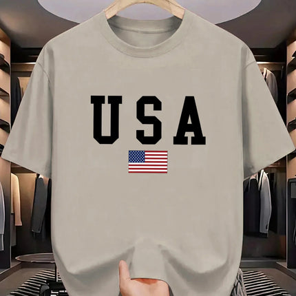 Men's summer 100% cotton fashionable casual loose fit USA American National Flag Graphic round neck short sleeved T-shirt top