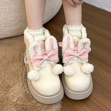Sweet Girls Lolita Winter Mid-Calf Snow Boots,Young Women Students Cute Plush Rabbit Ears Bowknots Warm Flat Platform Shoes