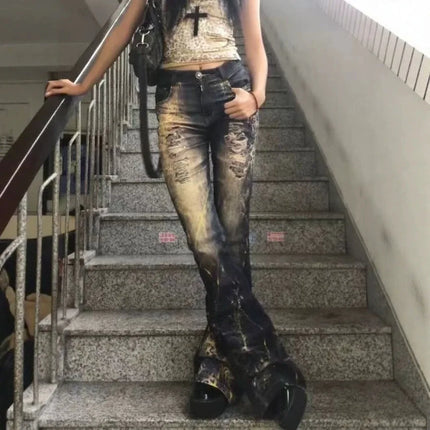 ONE TO WAN Women's Gothic Y2k Flared Jeans Harajuku Trashy Ripped Denim Trousers Streetwear Baggy Jean Pants Vintage Emo Clothes