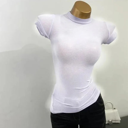 Half-high Collar T-shirt korean Transparent Short-sleeved Slim-fit Elastic Solid Inner Bottoming Shirt Sexy