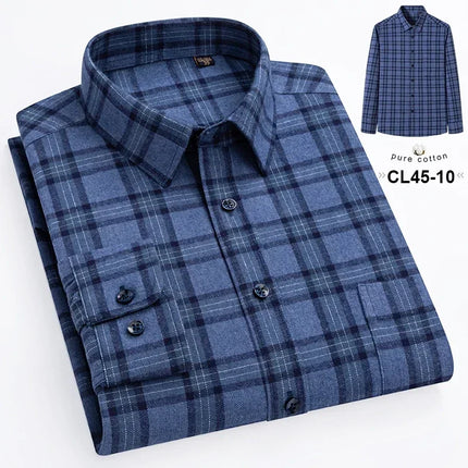 Mens 100% Cotton Casual Shirt Slim Fit Button Classic Striped Plaid Long Sleeve Shirts Single Pocket Comfortable Workwear Shirts