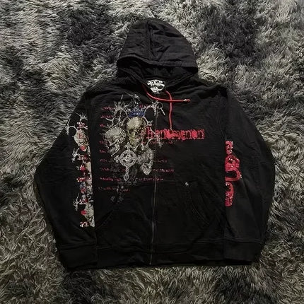 Harajuku Black Hoodie Fashion Street Gothic Skull Oversize Zipper Hoodie Men Women Hip Hop Casual Sweatshirt Personality Hoodie