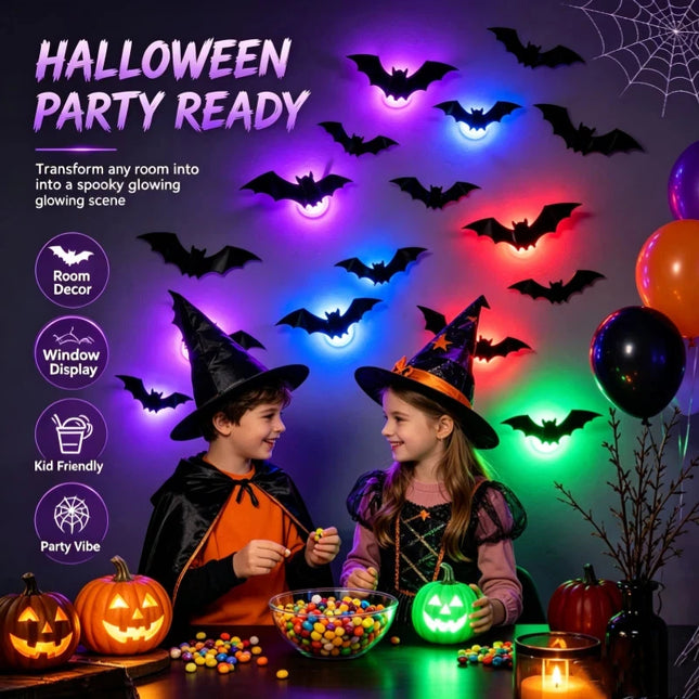 12-72 PC Halloween LED 3D Bat Wall Stickers Self Adhesive Night Light PET Material Glow in Dark Stickers Haunt House Party Decor