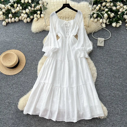 OCEANLOVE Woman Dresses Lantern Sleeve Square Neck Bandage Vestidos Para Mujer Solid Korean Fashion Retro Sweet Long Dress