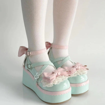 Sweet Lolita Style Girls Flat Platform ,Female Students Cute Bowknots Mary Jane Ankle Strap Elevator Shoes