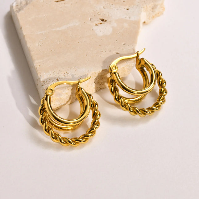 SKU Trendy Stainless Steel Hoop Earrings for Women Girls Party Gift, Gold Plated Metal Layered Twisted