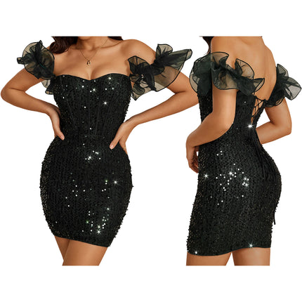Combhasaki Women Party Clubwear Shiny Glitter Sequins Ruffle Mesh Straps Off Shoulder Bodycon Cocktail Short Mini Corset Dress