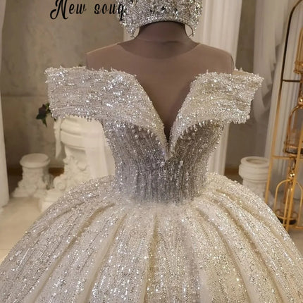 Dubai Luxury Off Shoulder Wedding Dress Ball Gown Puffy Bridal Dresses A Line Customized Beaded Formal Dress For Bridal 2025