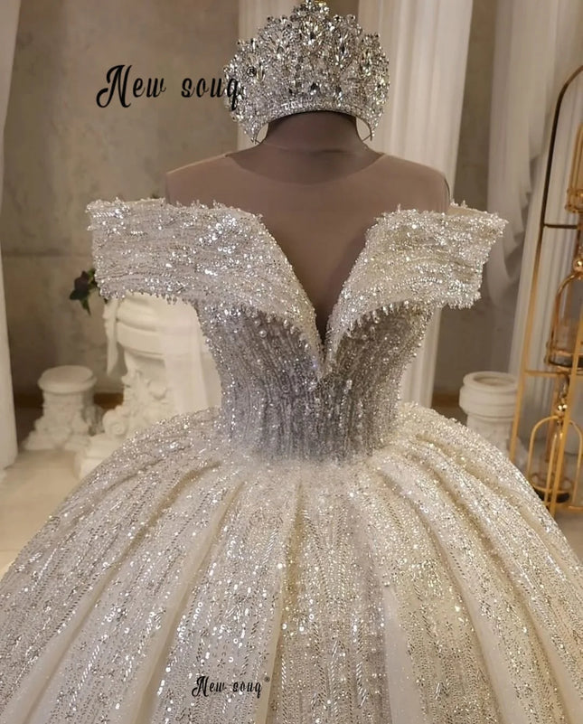 Dubai Luxus Off-Shoulder Hochzeitskleid Ballkleid Puffy Brautkleider A-Linie Maßgeschneiderte Perlen-Formalkleid für Braut 2025
