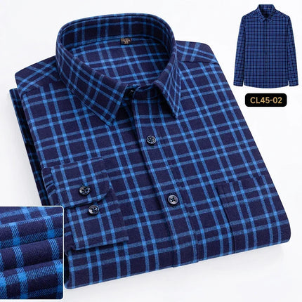 Mens 100% Cotton Casual Shirt Slim Fit Button Classic Striped Plaid Long Sleeve Shirts Single Pocket Comfortable Workwear Shirts